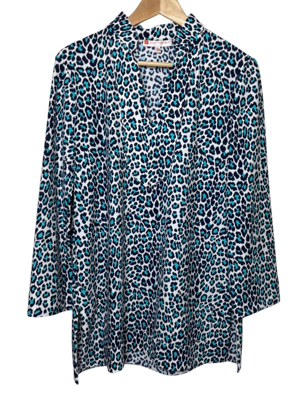 Jude Connally Tunic Top Women Small Leopard Navy Blue Teal Long Sleeve Resort